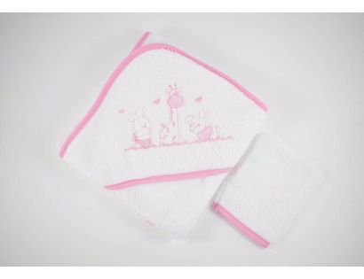 Capa de baño bebe blanca y rosa con animalitos