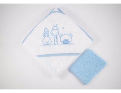 Capa de baño bebe blanca y azul con animalitos